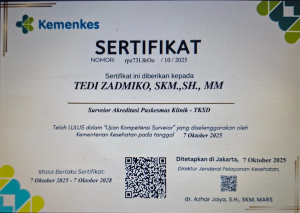 Tedi Zadmiko Lulus Uji Kompetensi dan Resmi Menjadi Surveyor Akreditasi Puskesmas/Klinik TKSD Kementerian Kesehatan RI